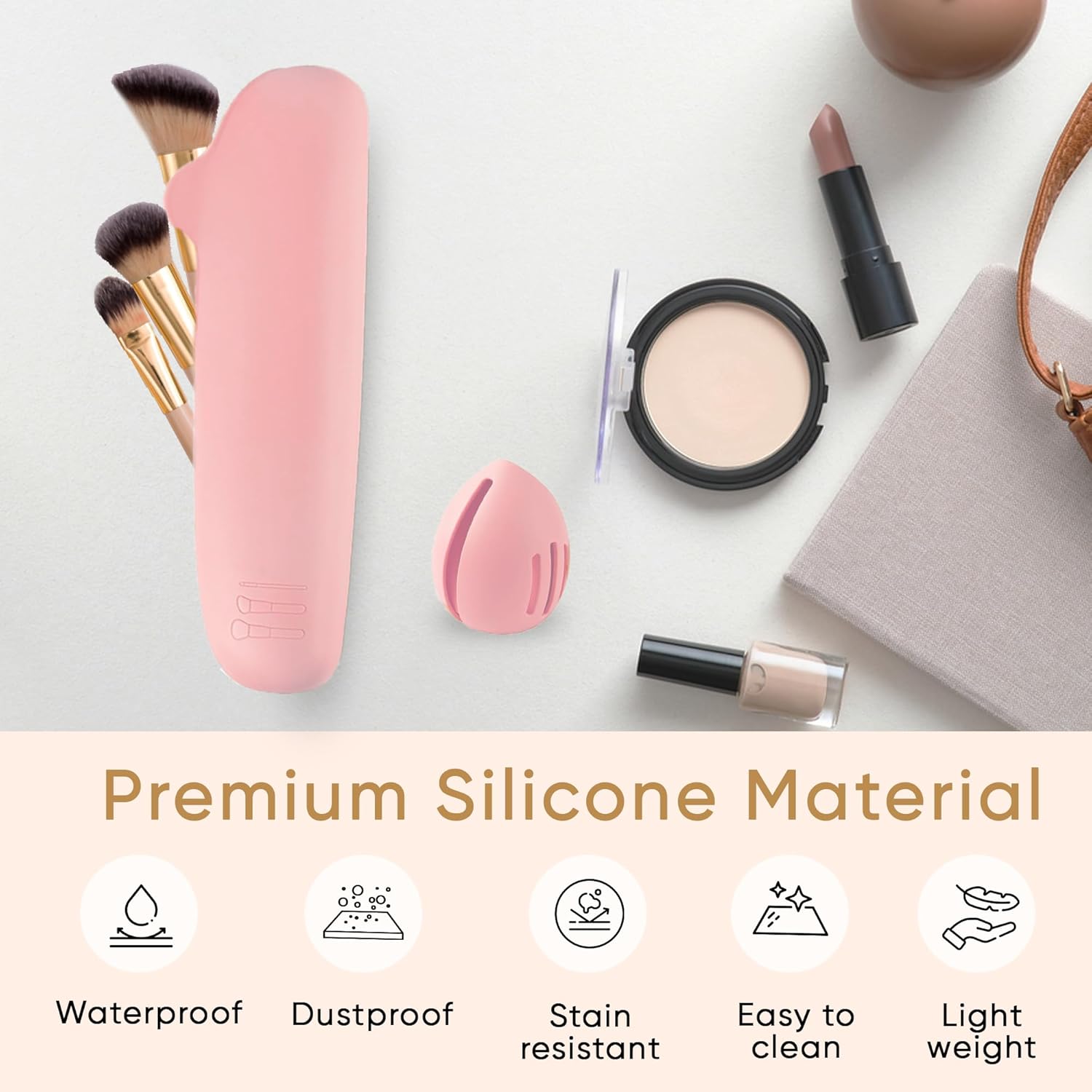 Travel Makeup Brush Holder, Beauty Blender Holder ,Silicone Make Up Brush Organizer Case With Makeup Sponge Holde,Soft & Sleek Cosmetic Pouch For Makeup Tools & Toiletry
